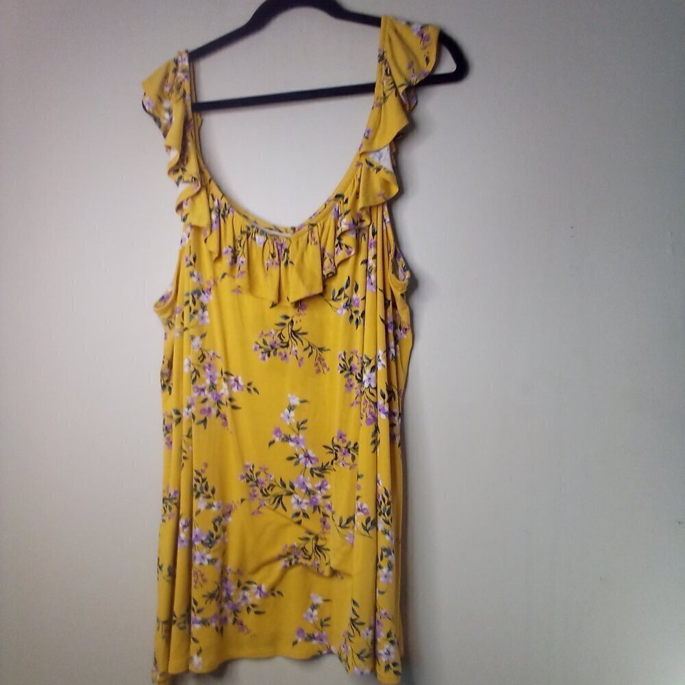 Torrid Super Soft Knits Blouse 5 5X Sleeveless Ruffle Neck Floral Yellow Purple